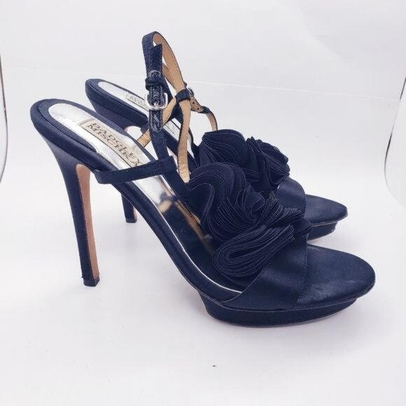 Badgley Mischka Black Adele Flower Ankle Strap Heels Shoes Women's Size 8 - Picture 2 of 11